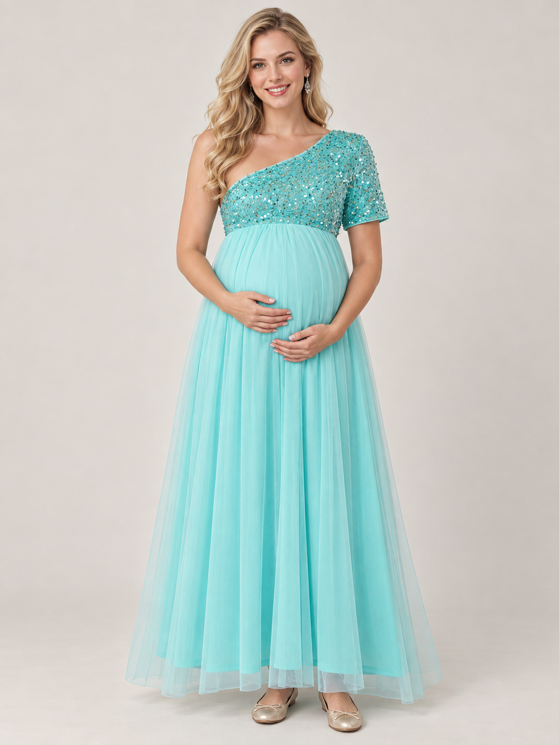 Rosalie Aqua maternity dress — front view with one-shoulder sequin bodice and tulle maxi skirt