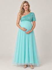 Rosalie Aqua maternity dress — front view with one-shoulder sequin bodice and tulle maxi skirt