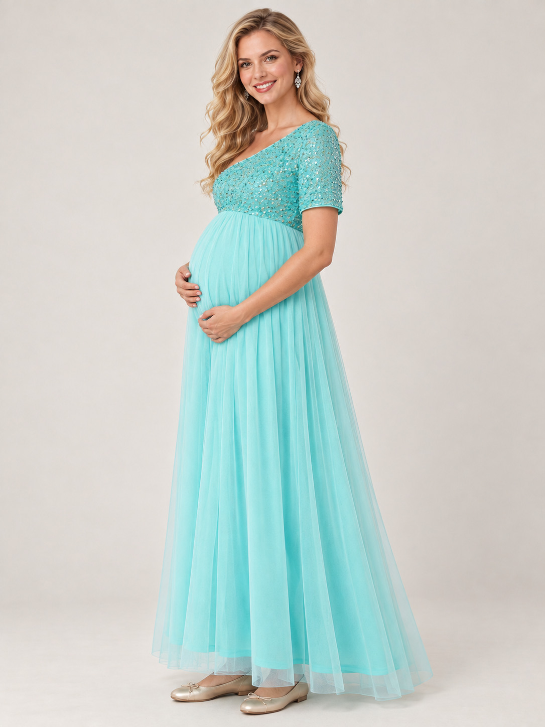 Rosalie Aqua maternity dress — side view of the high waist and maternity silhouette
