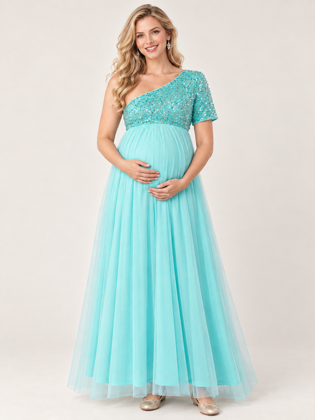 Rosalie Aqua maternity dress — full front view of the gathered tulle skirt