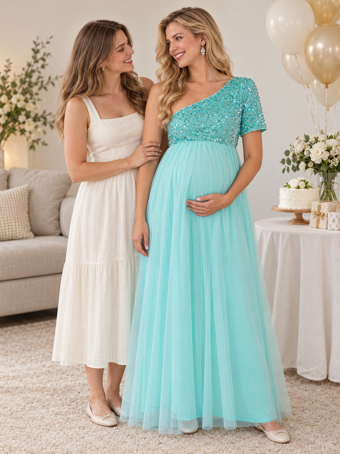 Rosalie Aqua maternity dress — baby shower moment with a friend and balloons