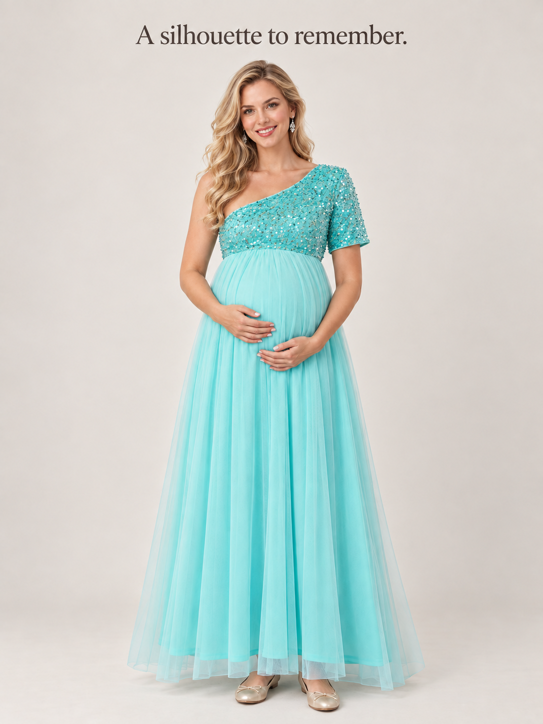 Rosalie Aqua maternity dress — full silhouette in a soft studio portrait