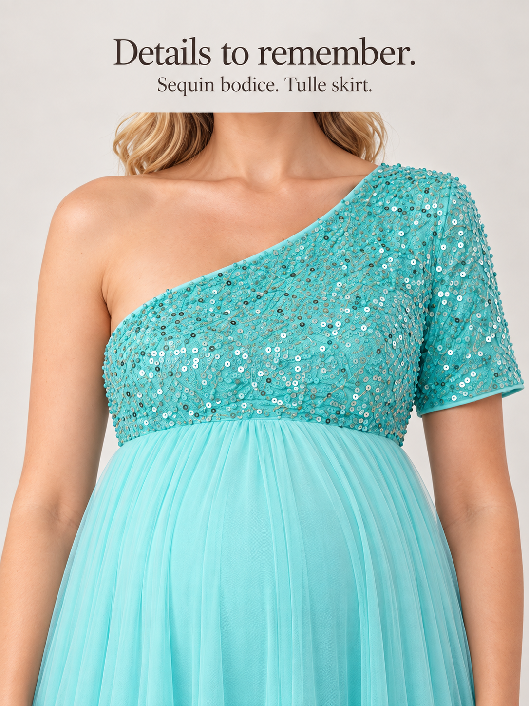 Rosalie Aqua maternity dress — close-up of the sequin bodice and tulle skirt