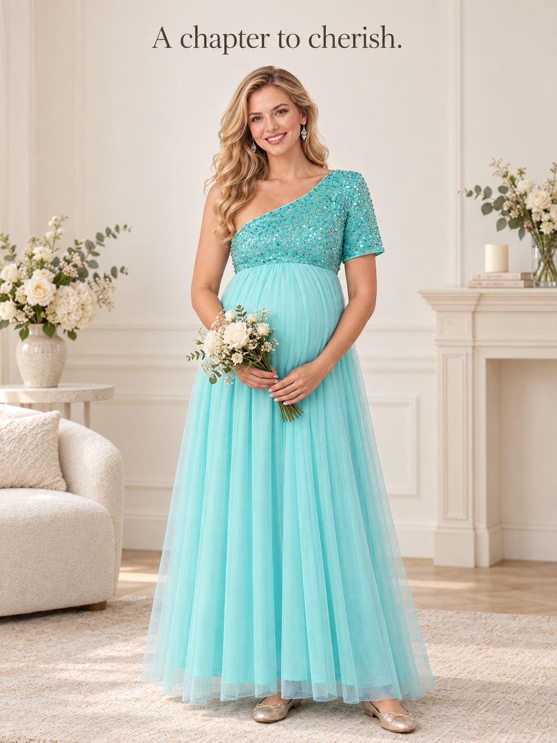 Rosalie Aqua maternity dress — holding a bouquet of fresh flowers