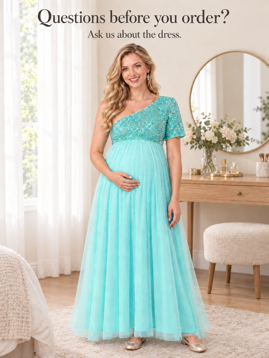 Rosalie Aqua maternity dress — portrait beside a round mirror
