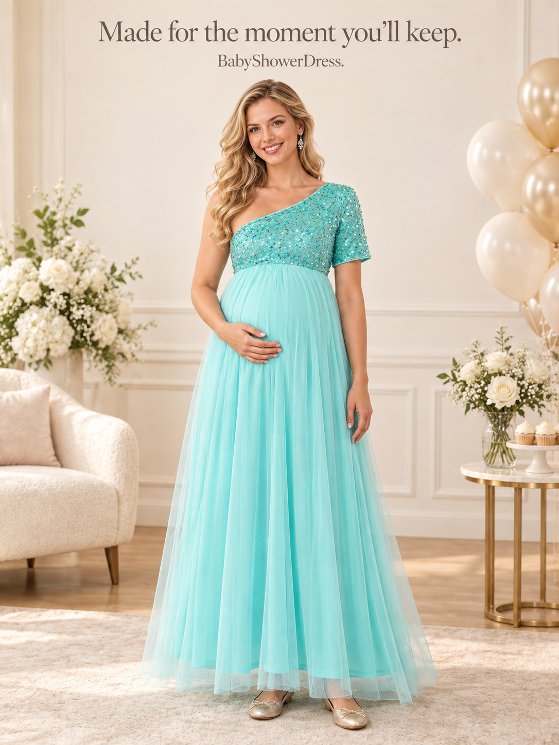 Rosalie Aqua maternity dress — celebration setting with balloons and flowers
