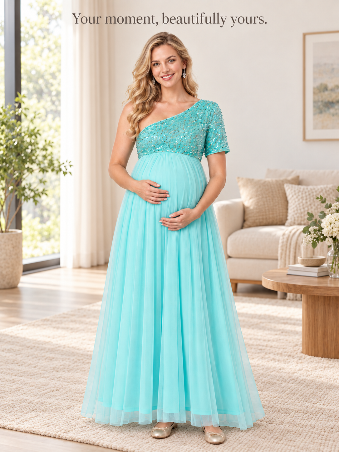 Rosalie Aqua maternity dress — standing in a sunlit living room