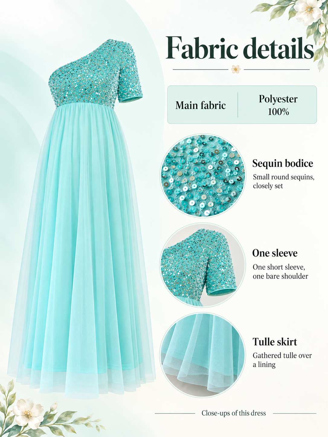 Rosalie Aqua maternity dress — material guide showing the sequin bodice, single sleeve and tulle skirt