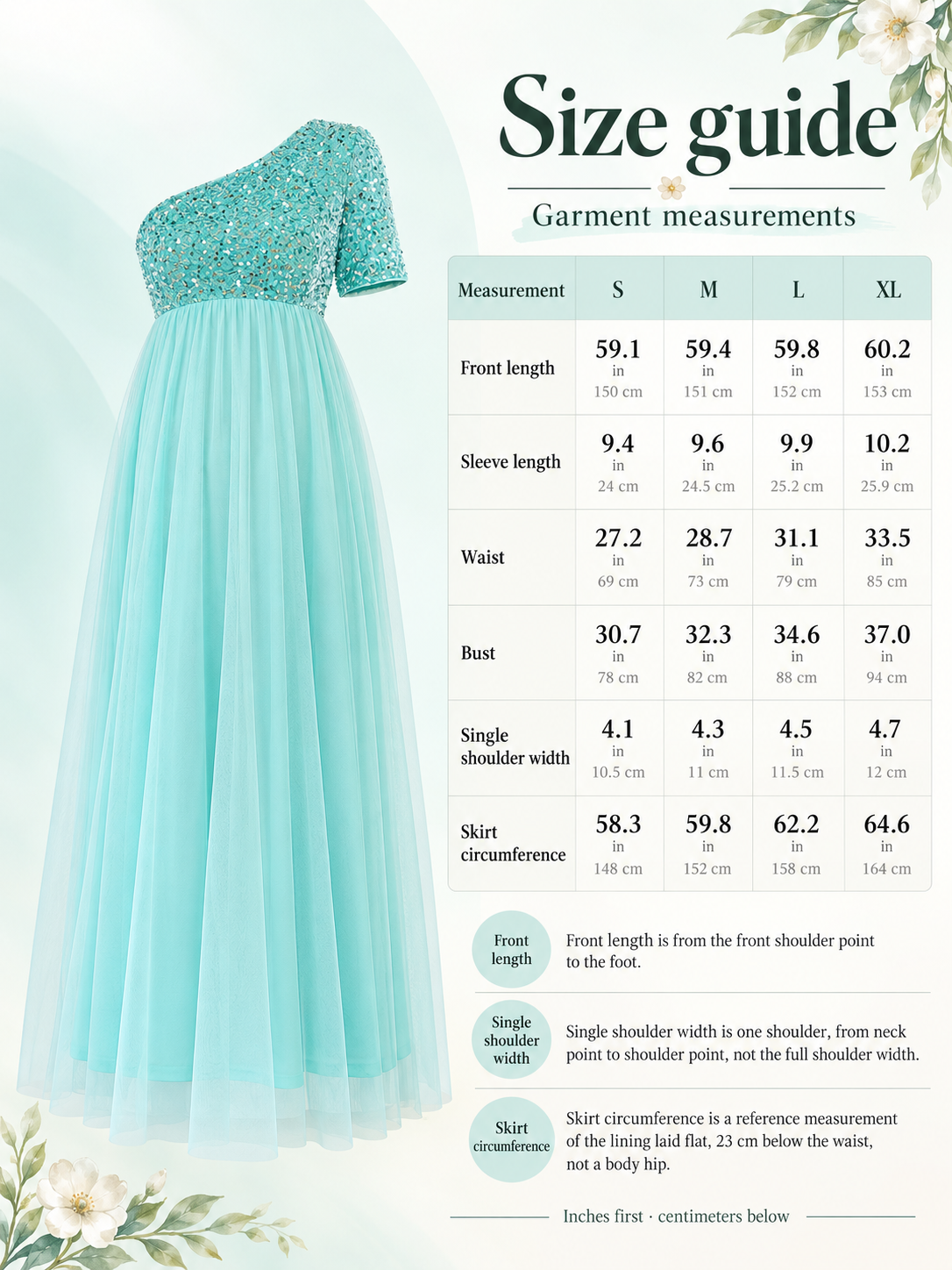Rosalie Aqua maternity dress — size guide with S to XL garment measurements in inches and centimeters