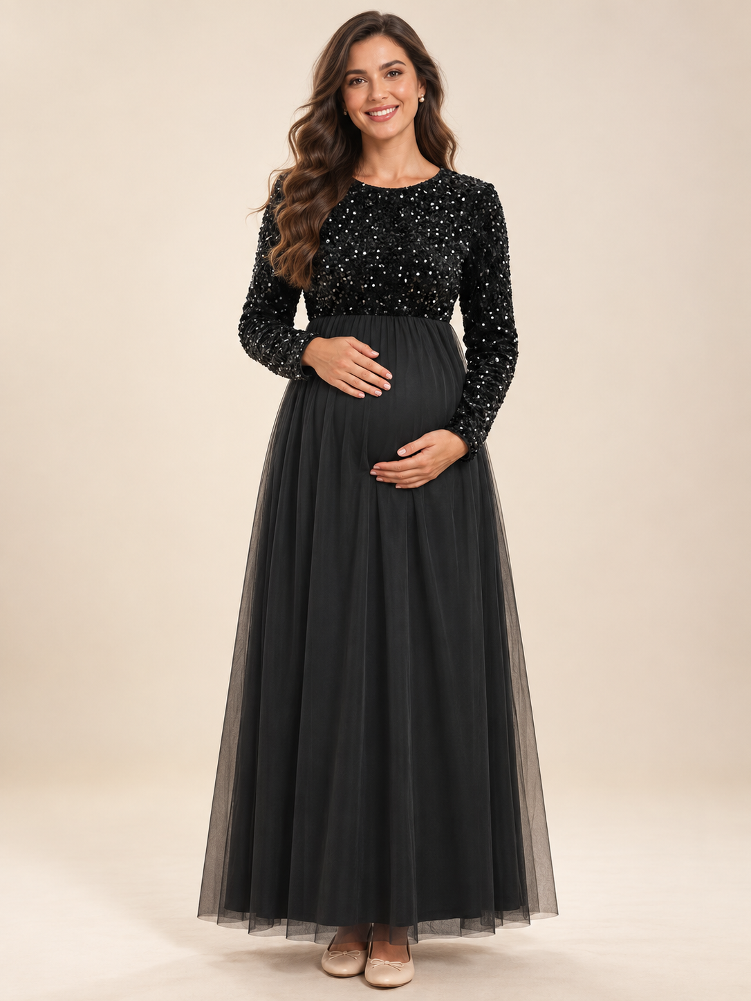 Noeline Black maternity dress — front view with round neckline, sequin bodice and long tulle skirt