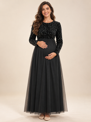 Noeline Black maternity dress — front view with round neckline, sequin bodice and long tulle skirt