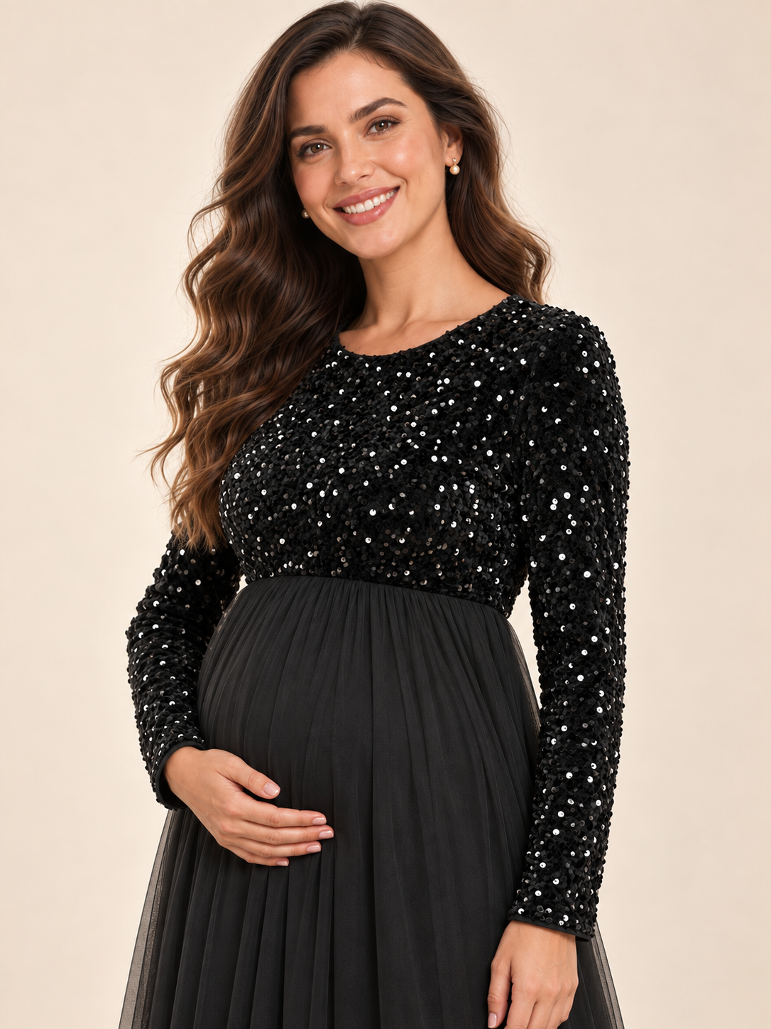 Noeline Black maternity dress — long sequin sleeve detail