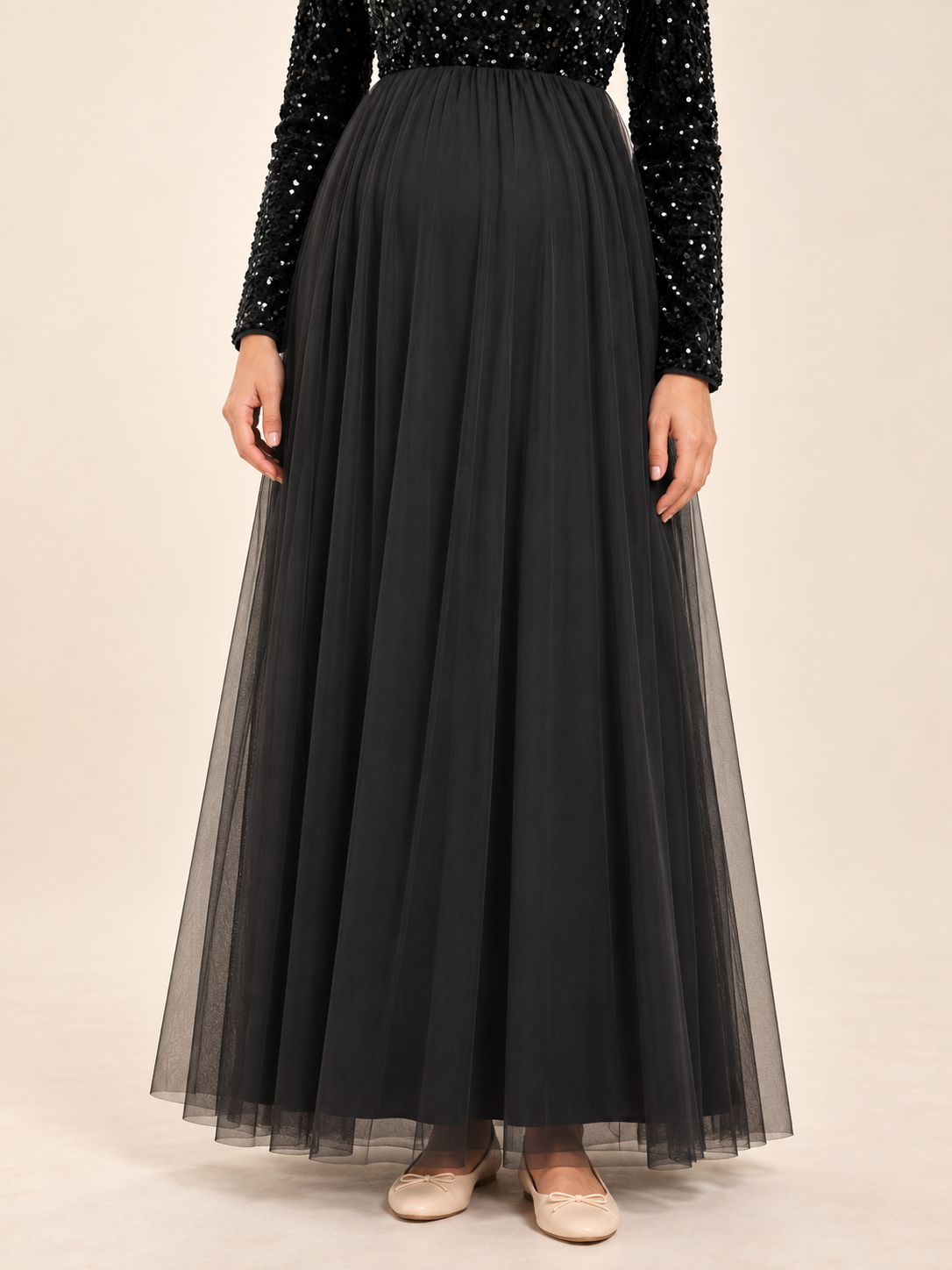 Noeline Black maternity dress — gathered tulle skirt and hem detail
