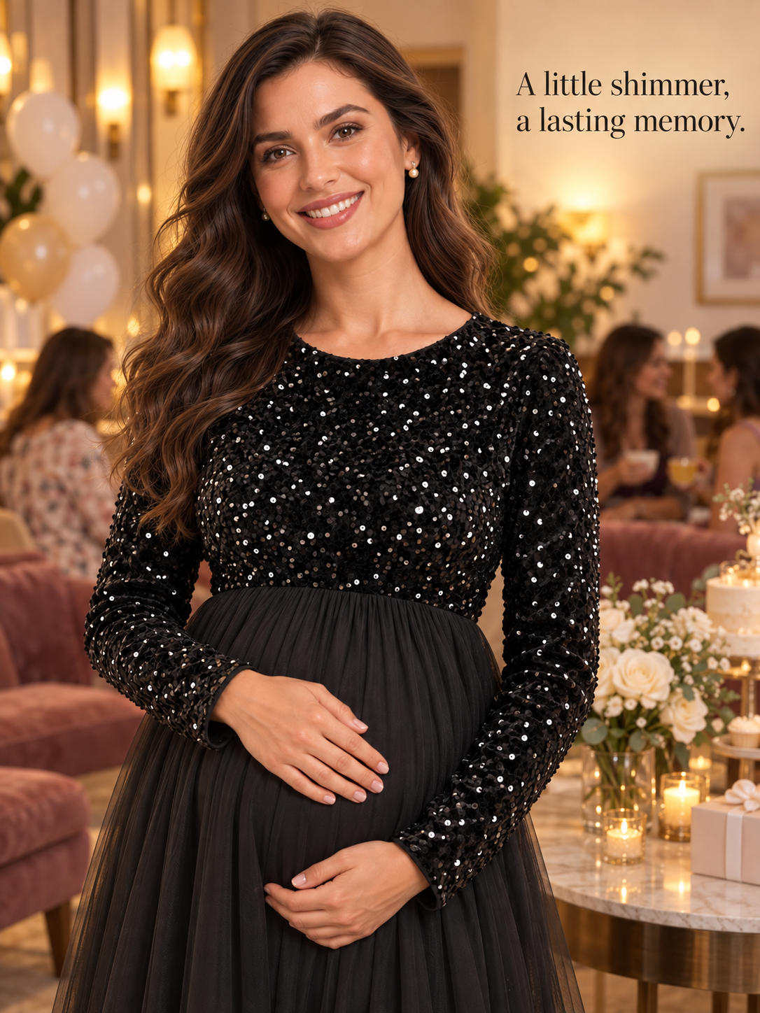 Noeline Black maternity dress — sequin texture and tulle in soft light