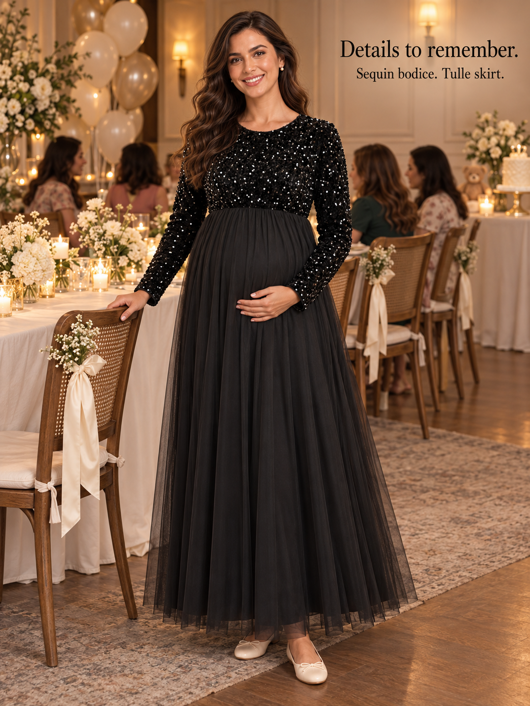Noeline Black maternity dress — sequin bodice and gathered tulle connection detail
