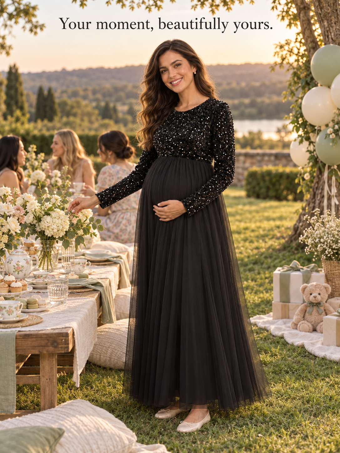 Noeline Black maternity dress — long sleeves and high-waisted tulle skirt details