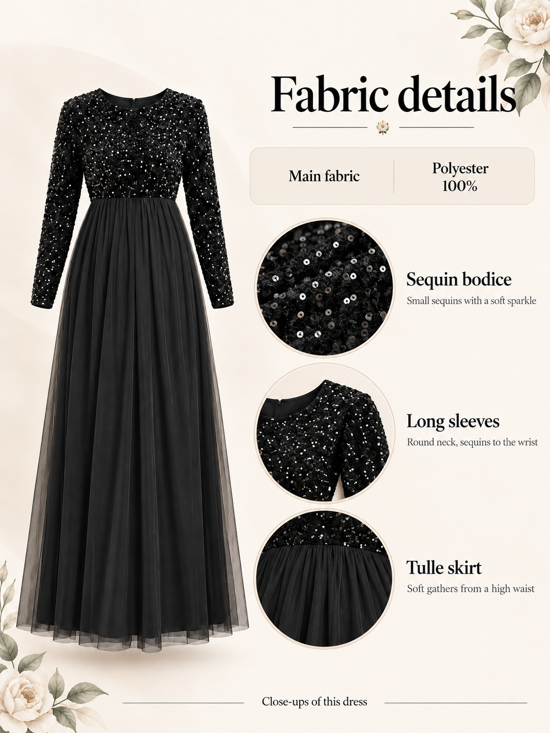 Noeline Black maternity dress — material guide showing sequin detail, tulle and 100% polyester composition