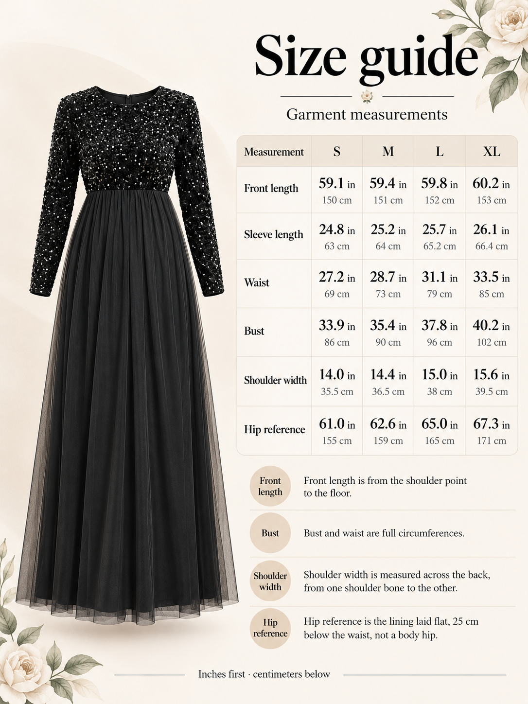 Noeline Black maternity dress — size guide with S to XL garment measurements, including reference skirt circumference, in inches and centimeters