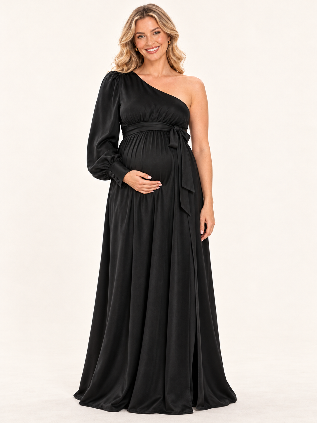 Sylvie Black maternity dress — front view with one-shoulder neckline, single long sleeve and tie waist