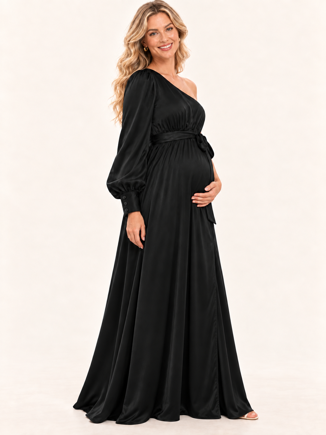 Sylvie Black maternity dress — side view of the high waist and long sleeve over the bump