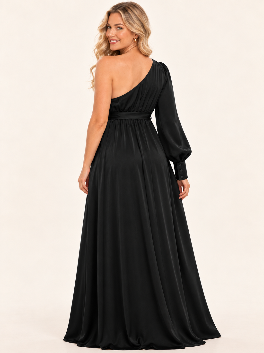 Sylvie Black maternity dress — back view of the one-shoulder neckline and buttoned cuff