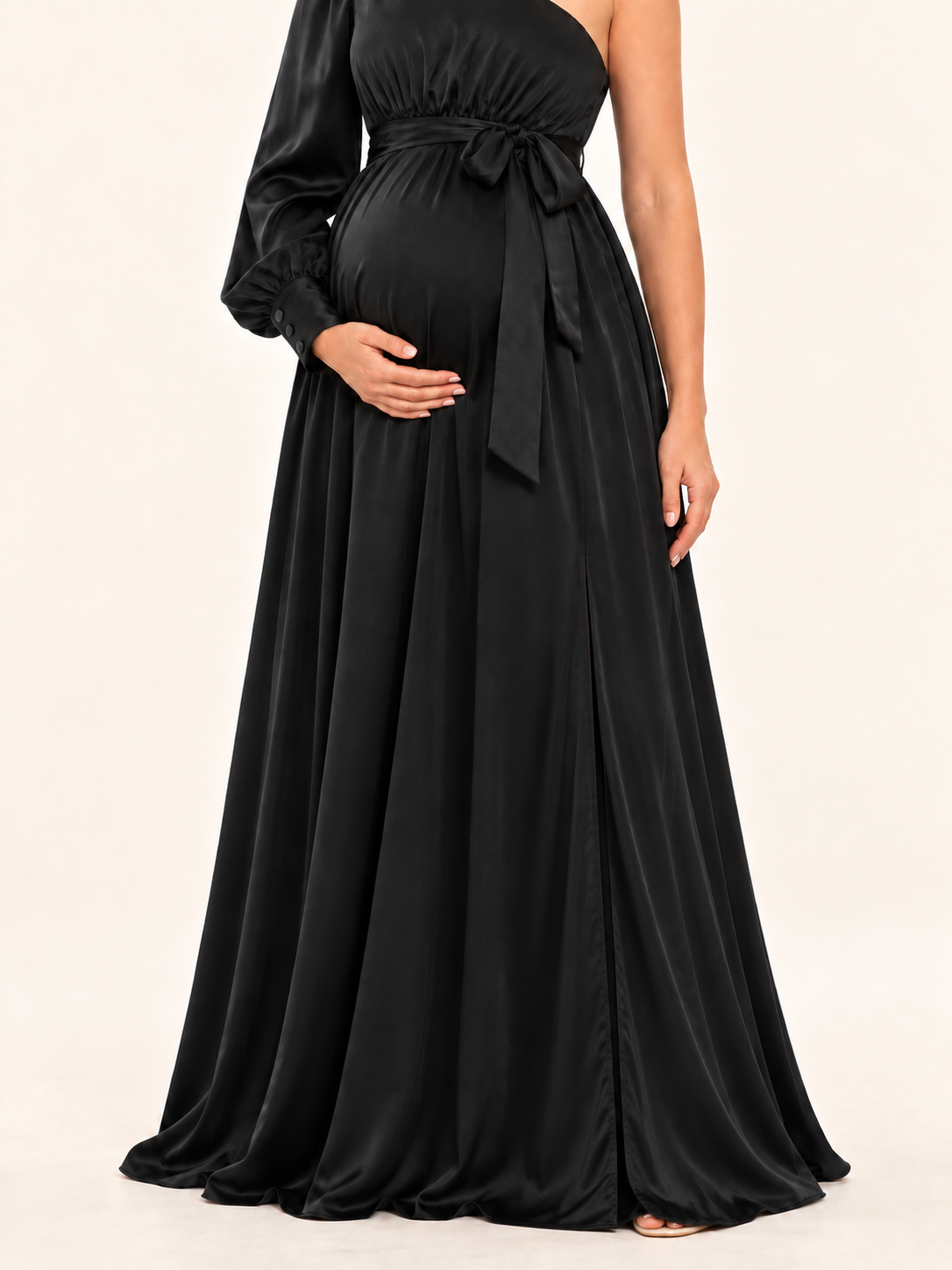 Sylvie Black maternity dress — continuous flared skirt and soft sheen detail