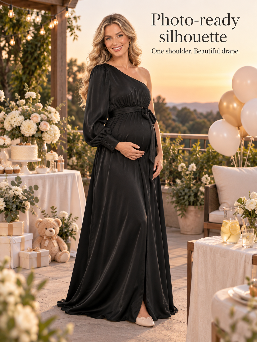 Sylvie Black maternity dress — golden hour silhouette on a garden terrace
