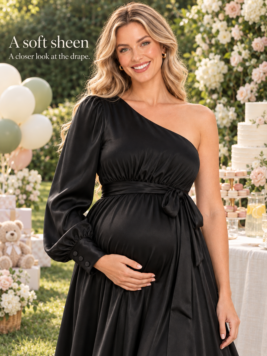 Sylvie Black maternity dress — soft sheen and drape in garden light