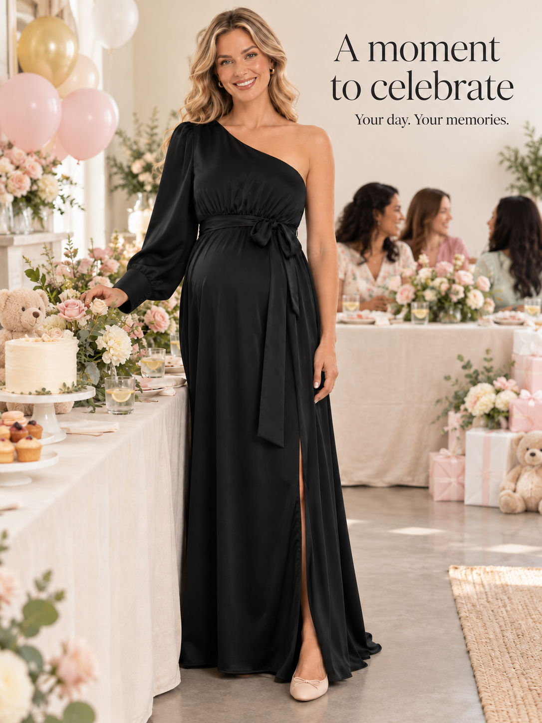 Sylvie Black maternity dress — standing by the cake table at a baby shower