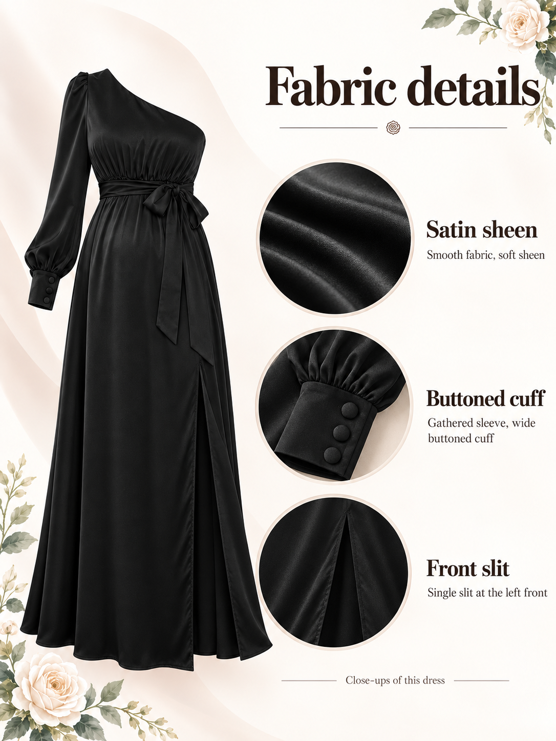 Sylvie Black maternity dress — material guide showing the satin sheen, buttoned cuff and waist tie