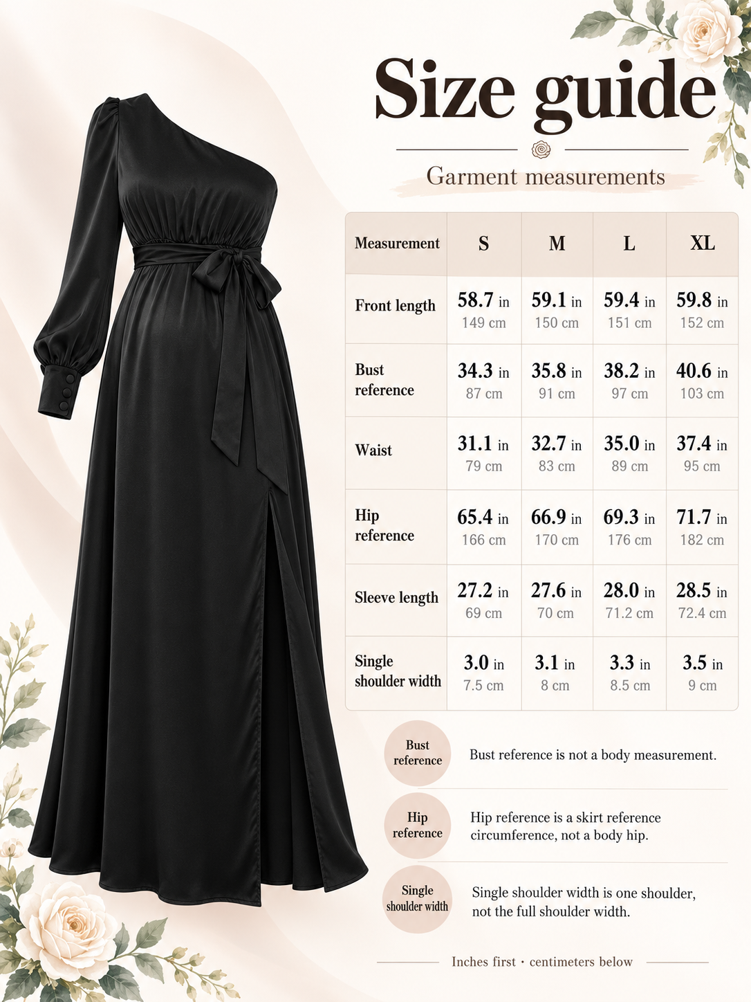 Sylvie Black maternity dress — size guide with S to XL garment measurements in inches and centimeters