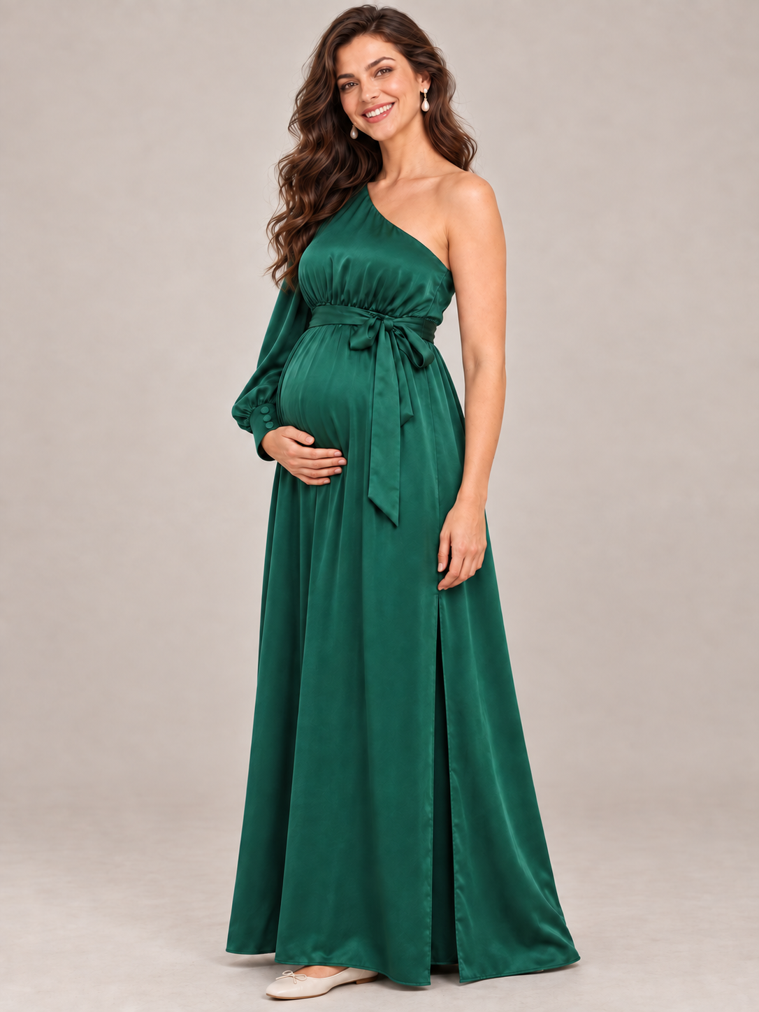 Sylvie Emerald Green maternity dress — side view of the tie waist and long sleeve over the bump