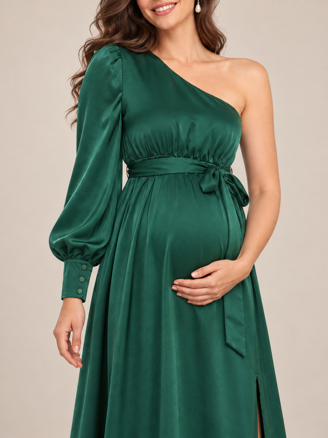 Sylvie Emerald Green maternity dress — buttoned cuff and knotted waist tie close-up
