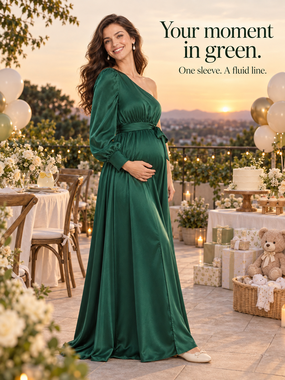 Sylvie Emerald Green maternity dress — sunset portrait on a terrace set for a baby shower