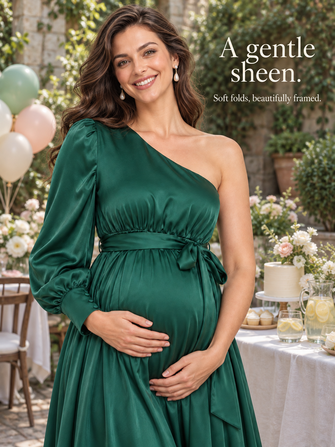 Sylvie Emerald Green maternity dress — gathered bodice and soft sheen in garden light