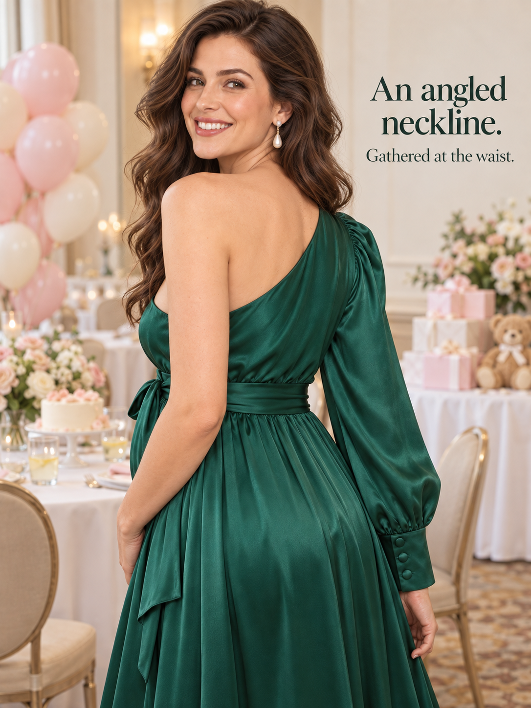 Sylvie Emerald Green maternity dress — over-the-shoulder view of the angled neckline and buttoned cuff
