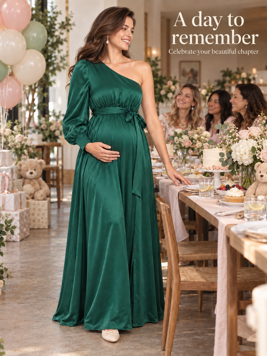 Sylvie Emerald Green maternity dress — standing beside a long celebration table with seated guests