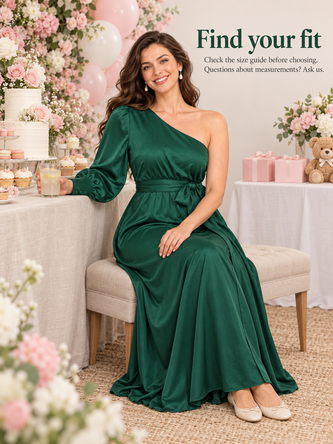 Sylvie Emerald Green maternity dress — seated on a bench beside the dessert table