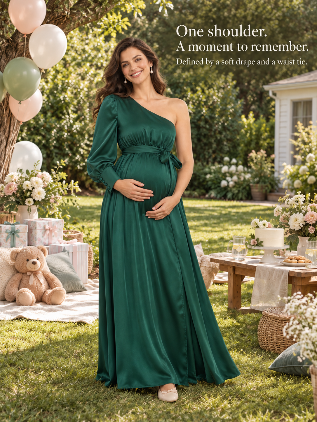 Sylvie Emerald Green maternity dress — standing on a garden lawn with teddy bears and gifts