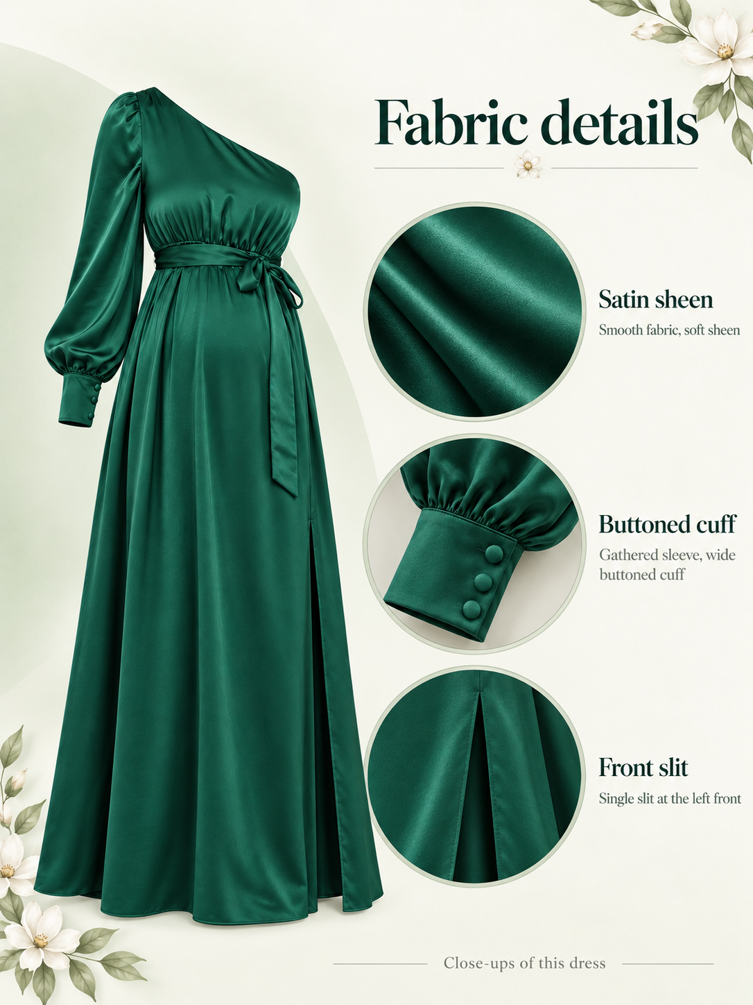Sylvie Emerald Green maternity dress — material guide showing the satin sheen, buttoned cuff and waist tie