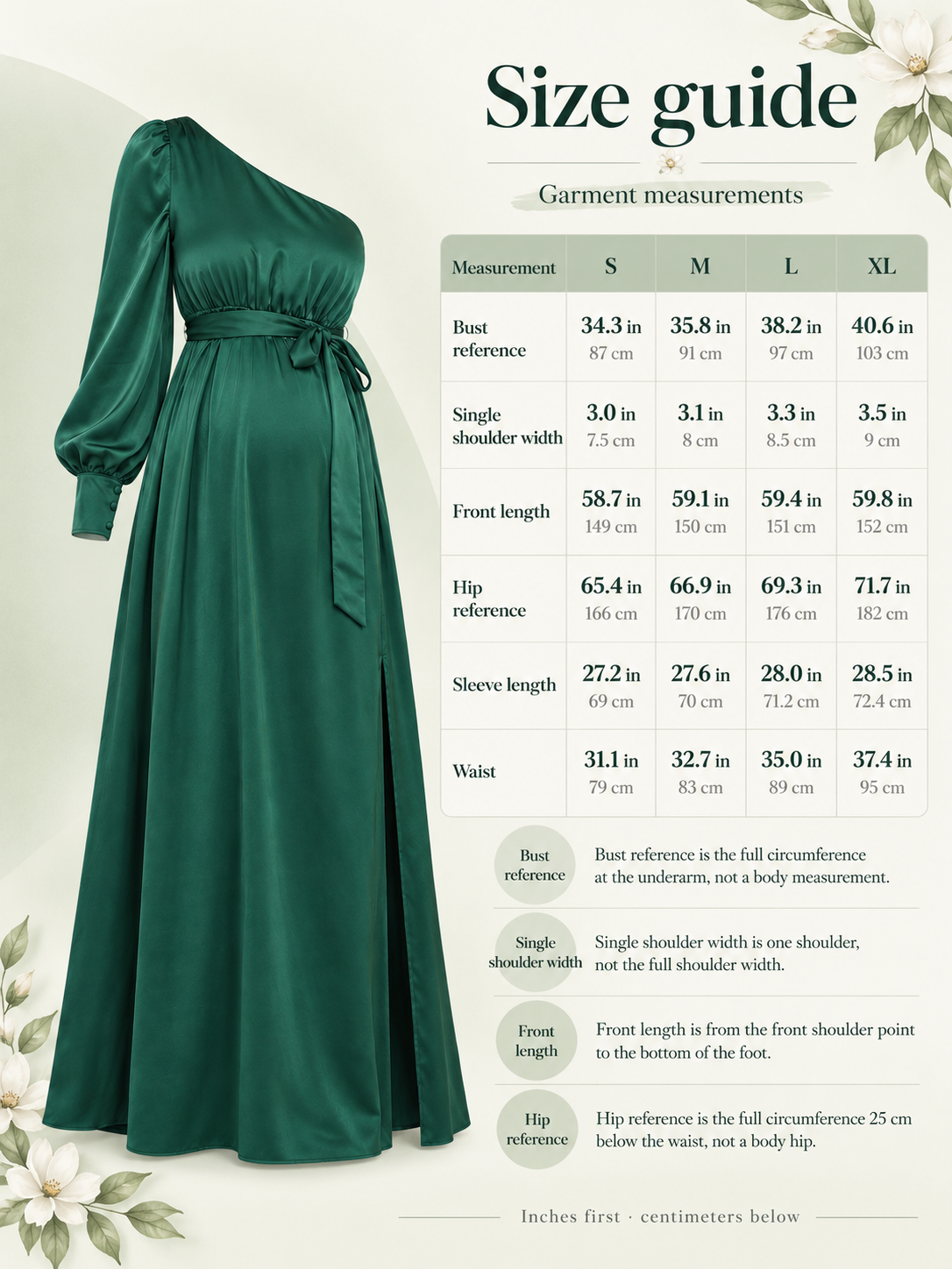 Sylvie Emerald Green maternity dress — size guide with S to XL garment measurements in inches and centimeters