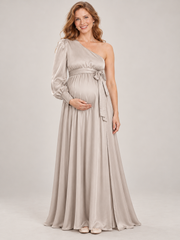Sylvie Dove Gray maternity dress — full-length studio front view with one long sleeve and a bow-tied waist