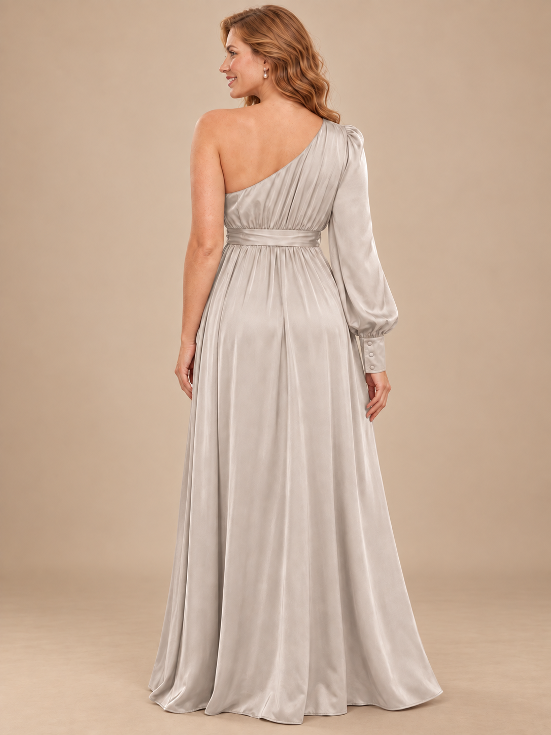 Sylvie Dove Gray maternity dress — back view of the bare left shoulder, gathered back and buttoned cuff