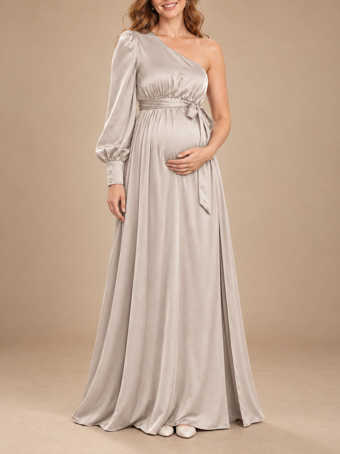 Sylvie Dove Gray maternity dress — flowing satin skirt with the slit hanging closed at the wearer's left front