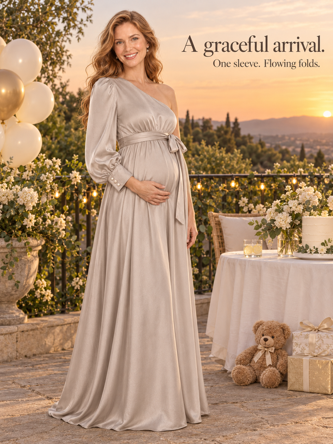 Sylvie Dove Gray maternity dress — full-length portrait on a sunset terrace with balloons and a teddy bear