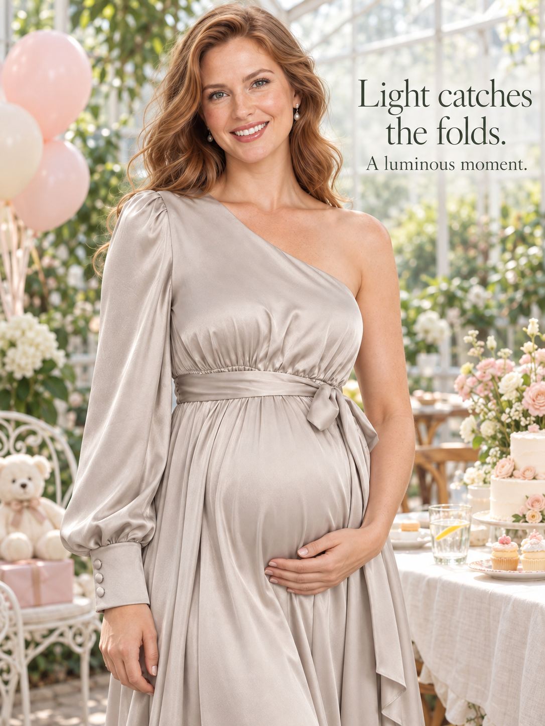 Sylvie Dove Gray maternity dress — soft sheen on the gathered bodice in a sunlit glasshouse