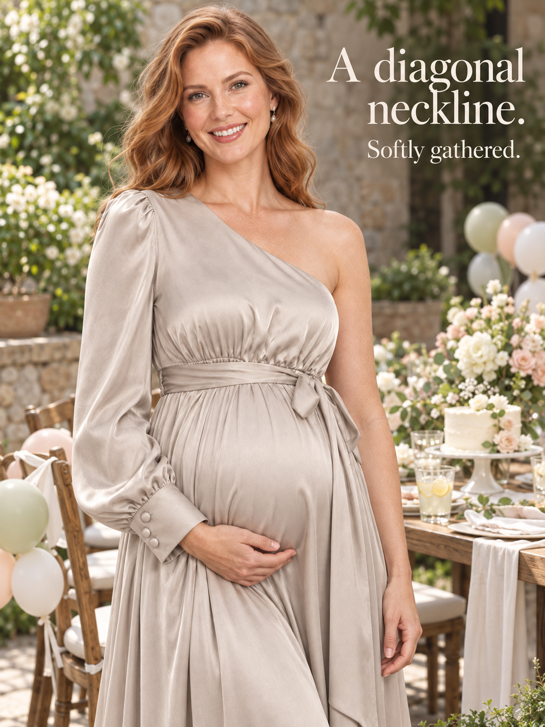 Sylvie Dove Gray maternity dress — diagonal neckline, buttoned cuff and gathered waist at a garden party