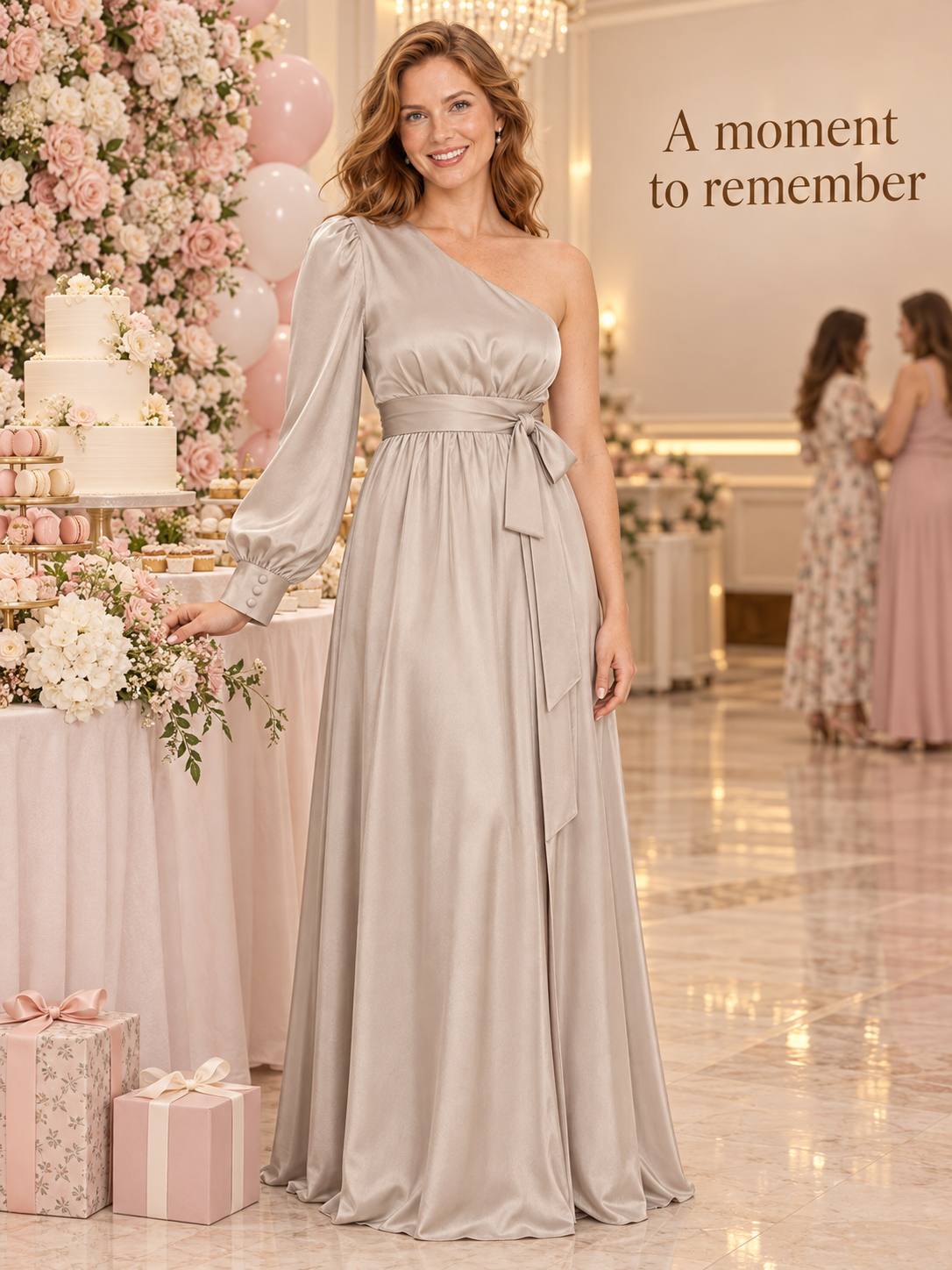 Sylvie Dove Gray maternity dress — standing by a tiered cake and flower wall in an elegant hall