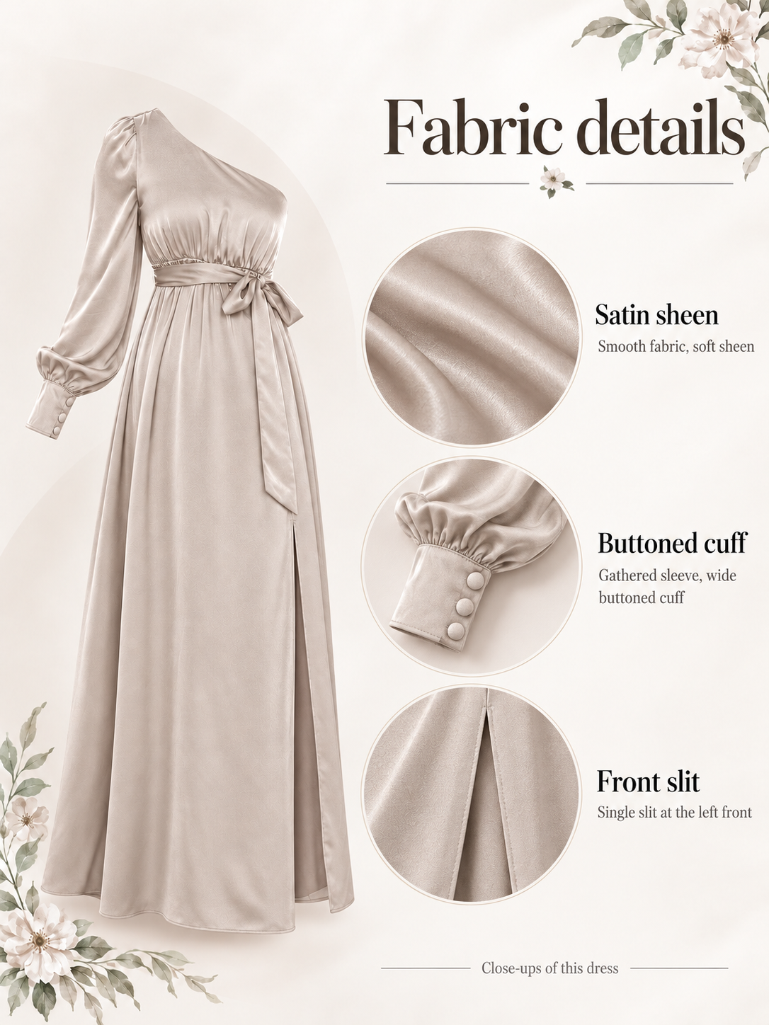 Sylvie Dove Gray maternity dress — material guide showing the satin sheen, buttoned cuff and front slit