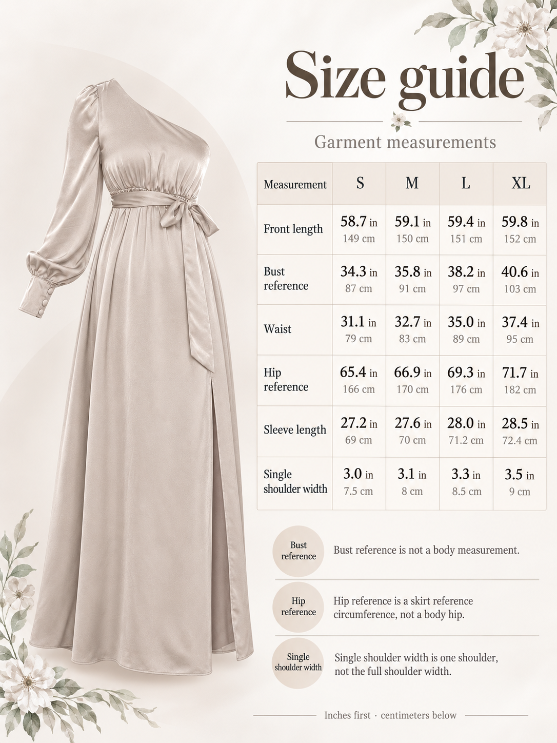 Sylvie Dove Gray maternity dress — size guide with S to XL garment measurements in inches and centimeters